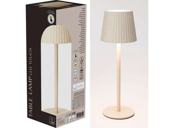 Lampe krem varmhvit LED touch h:27,5cm USB-lading m/kabel 80cm. 3-modus lys 