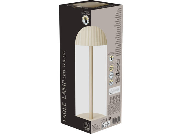 Lampe krem varmhvit LED touch h:27,5cm USB-lading m/kabel 80cm. 3-modus lys 