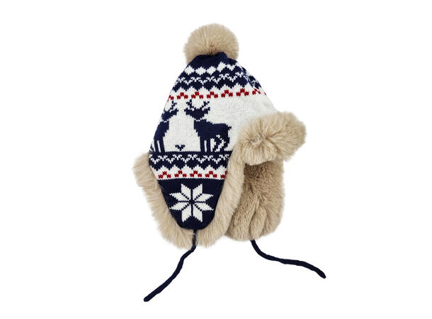 Lue vinter blå m/kunstpels onesize Forpk 6stk Myk akryl som ikke klør 