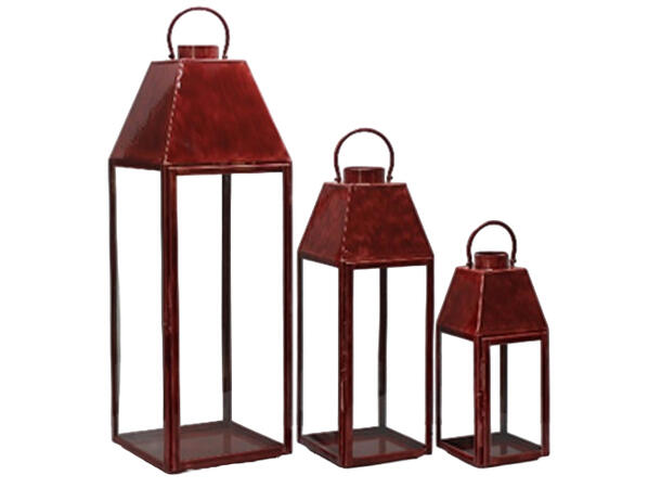 Lykt rød metall m/glass 27x26x75cm 