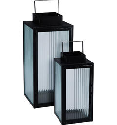 Lykt sort metall m/stripet glass s/2 16x16x34cm 20x20x45cm