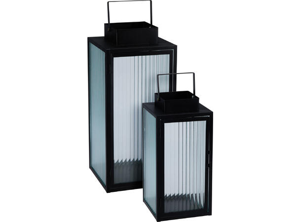 Lykt sort metall m/stripet glass s/2 16x16x34cm 20x20x45cm 