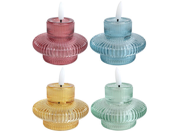 Lysestake LED stripet glass 8x8,5cm 4ass Forpakning 24stk 