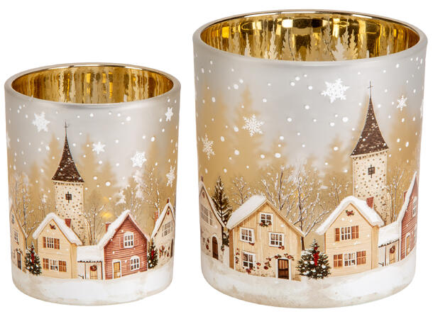 Lysglass frostet Juleby 8x9cm 