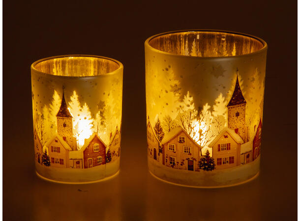 Lysglass frostet Juleby 8x9cm 