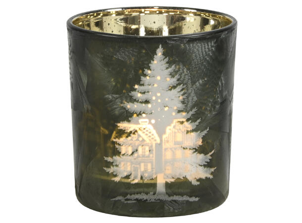 Lysglass iset grønn m/juletre 7,5x8cm 