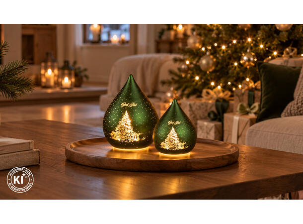 Lyslykt LED God Jul grønn dråpe 12cm Batteri 3xAAA Timer 6/18t 10LED 