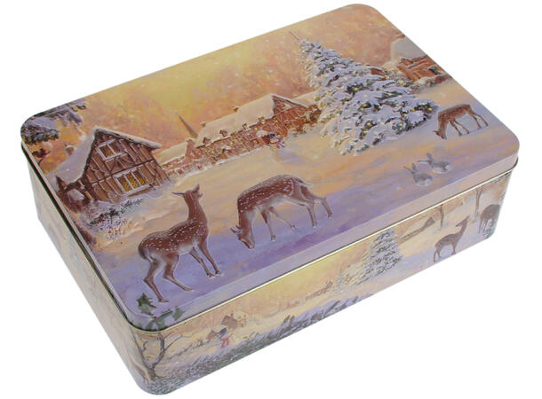 Metallboks Nostalgisk vinter 35x23x10cm Næringsmiddelsgodkjent 