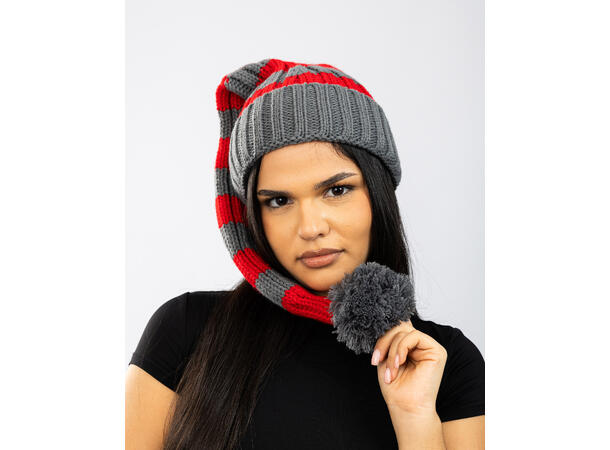 Nisselue ribbestrikket Grå m/rød 65cm 