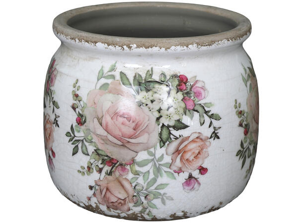 Potte keramikk beige blomster 15,5x13cm 