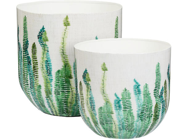 Potte metall hvit m/grønne blad s/2 Liten: 23x23x21cm Stor: 26x26x25cm 