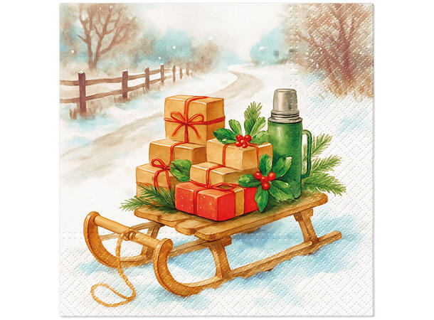 Serviett Slede med gaver Lunsjserviett 20 stk 3-lags 33x33cm 