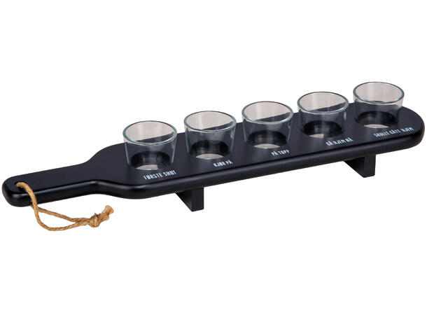 Shotglass planke sort m/tekst og 5 glass 42x9,5x4cm Tekst: Første shot, kjør på.. 