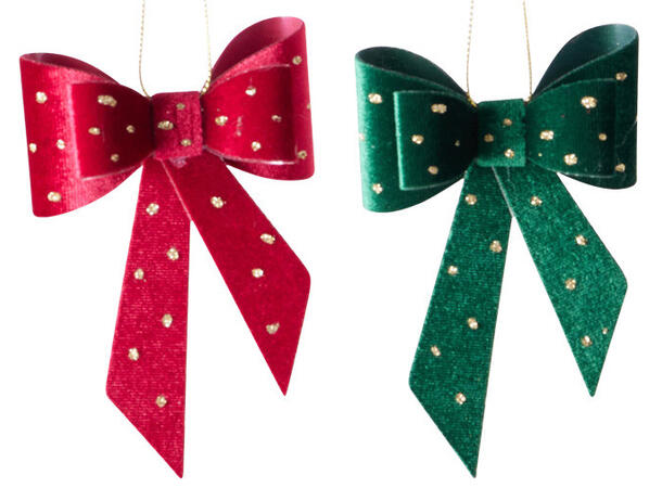 Sløyfe rød grønn m/glitter 11cm 2ass m/gullsnor 40 stk 