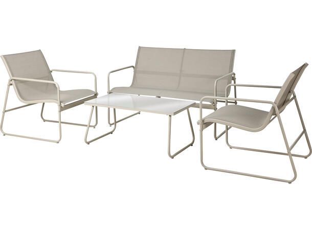 Sofasett beige metall med glassbord 4 deler 