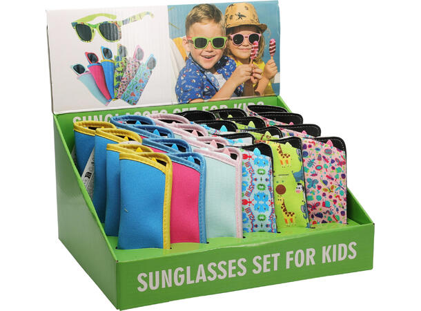 Solbriller barn 12x12x3cm 6ass Display 24stk Leveres med stoffpose 