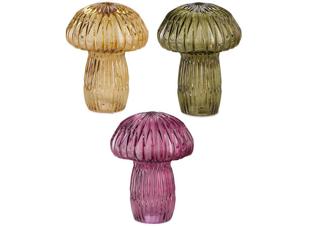 Sopp farget glass 15 LED 21cm 4ass Forpk 8stk Batteri 3xAAA Timer 6/18t 