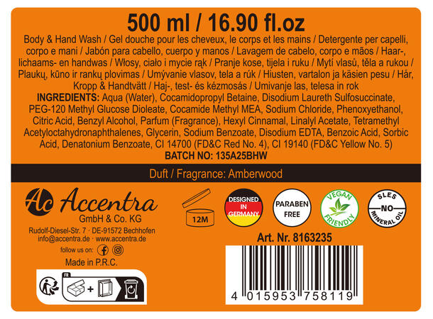 Såpepumpe Dusj/håndsåpe 500ml i gaveeske Amberwood Vegansk Uten parabener/SLES 