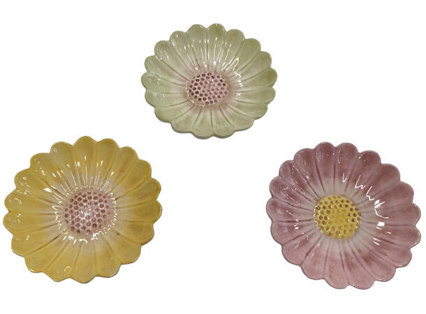 Tallerken blomst keramikk 12x2,5cm 3ass Forpk 12stk 