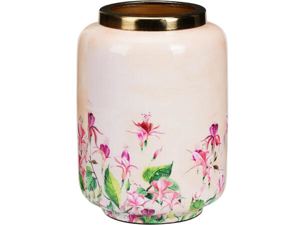 Vase metall rosa m/blomst 15x20cm Gullkant 