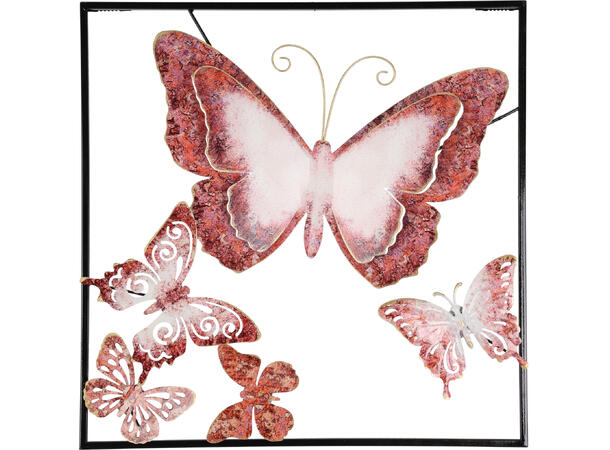 Veggdekor sommerfugler 50x50cm 2ass Svart ramme med sommerfugler rosa, blå 