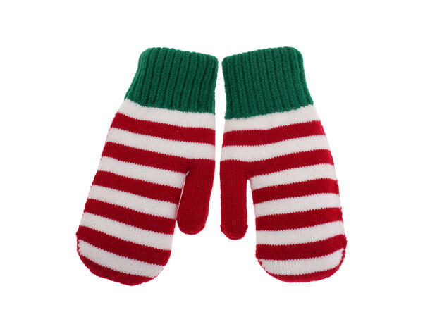 Vott strikket rød/hvit stripet 8-12år Akryl og myk inni 