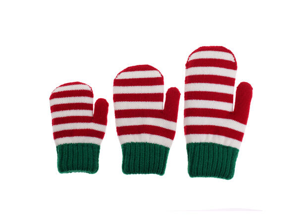 Vott strikket rød/hvit stripet 8-12år Akryl og myk inni 