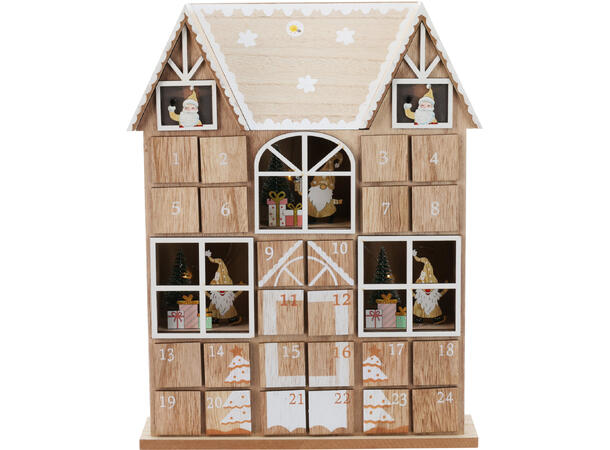 Adventskalender hus i tre LED 29x7x37cm Inkludert 2xAAA batteri FSC:100% 