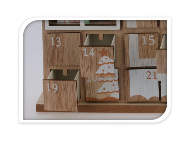Adventskalender hus i tre LED 29x7x37cm Inkludert 2xAAA batteri FSC:100% 
