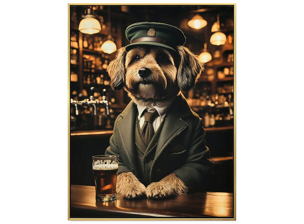 Bilde Lerretstrykk Hund etter øl 46x60cm Shiny foliert fototrykk med gullramme 