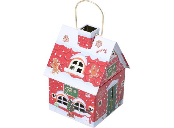 Boks metall hus julemotiv 14x10cm 4ass Display med 12 stk Vekt:135gram pr boks 