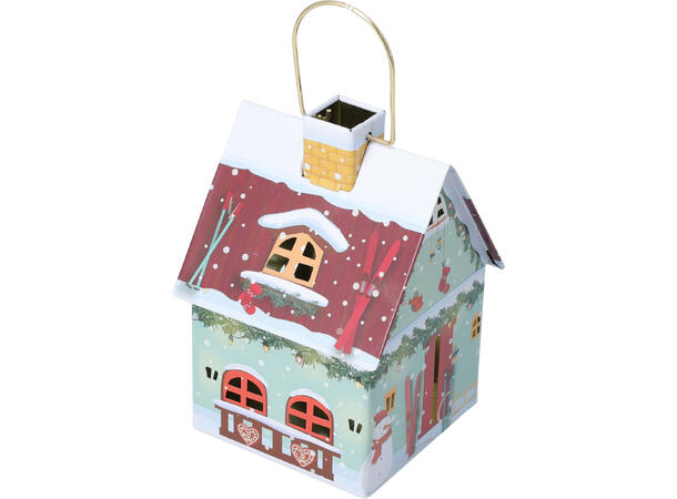 Boks metall hus julemotiv 14x10cm 4ass Display med 12 stk Vekt:135gram pr boks 