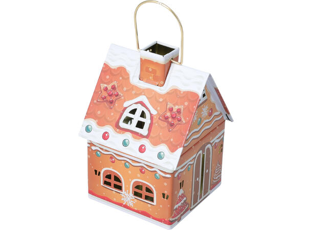 Boks metall hus julemotiv 14x10cm 4ass Display med 12 stk Vekt:135gram pr boks 