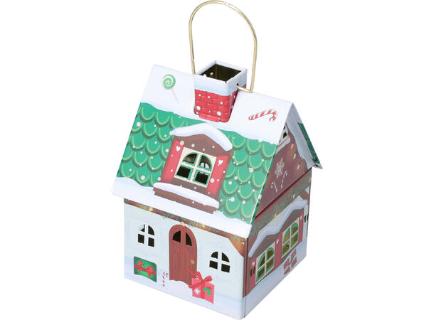Boks metall hus julemotiv 14x10cm 4ass Display med 12 stk Vekt:135gram pr boks 
