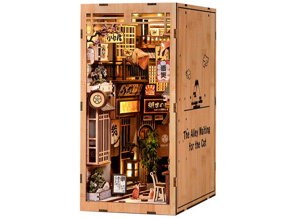 Book Nook Bygård med katt 23x18x11cm MDF papir stoff LED lys uten batteri 