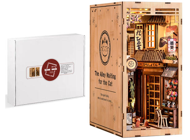 Book Nook Bygård med katt 23x18x11cm MDF papir stoff LED lys uten batteri 