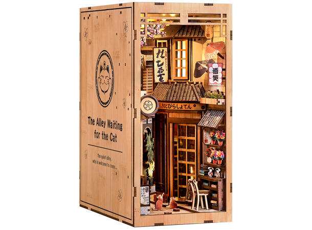 Book Nook Bygård med katt 23x18x11cm MDF papir stoff LED lys uten batteri 