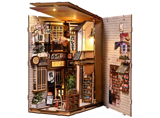 Book Nook Bygård med katt 23x18x11cm MDF papir stoff LED lys uten batteri 