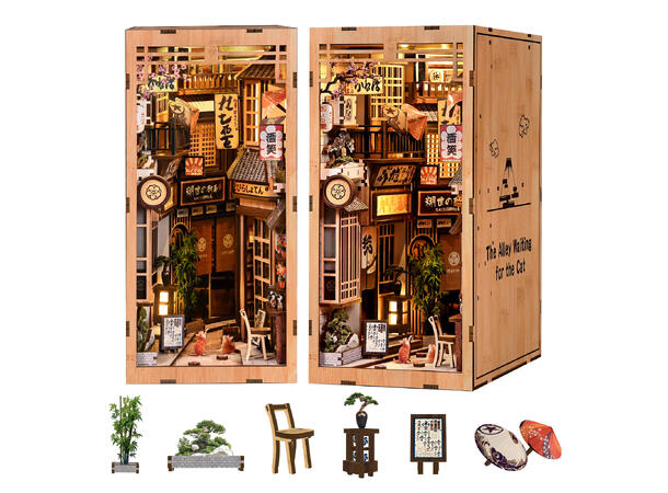 Book Nook Bygård med katt 23x18x11cm MDF papir stoff LED lys uten batteri 