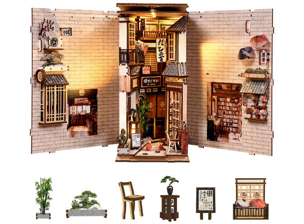 Book Nook Bygård med katt 23x18x11cm MDF papir stoff LED lys uten batteri 