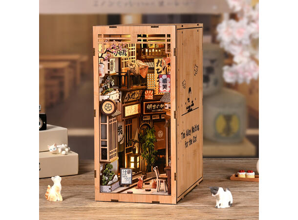 Book Nook Bygård med katt 23x18x11cm MDF papir stoff LED lys uten batteri 