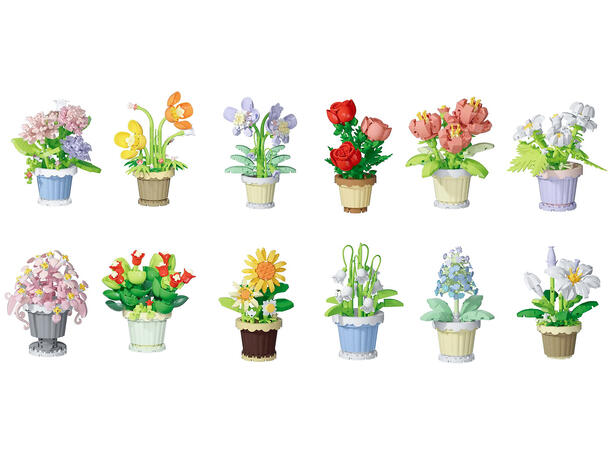 Byggesett blomsterpotte mini kloss 12ass Forpk 12stk 105-365 deler pr sett 