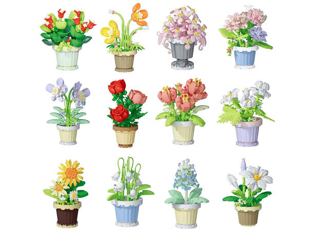 Byggesett blomsterpotte mini kloss 12ass Forpk 12stk 105-365 deler pr sett 