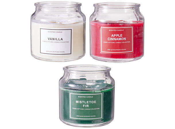 Duftlys i glasskrukke 10x10cm 3ass Rød Grønn Hvit Brenntid: 65t 