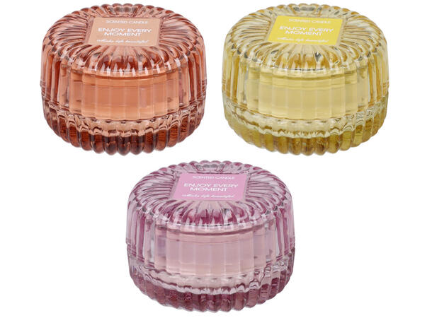 Duftlys stripe glass m/lokk 8x5,5cm 3ass Forpk:12stk Vekt:250g Bomull,lavend,rose 