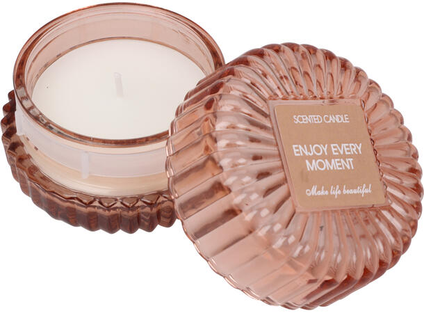 Duftlys stripe glass m/lokk 8x5,5cm 3ass Forpk:12stk Vekt:250g Bomull,lavend,rose 