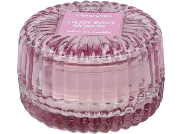 Duftlys stripe glass m/lokk 8x5,5cm 3ass Forpk:12stk Vekt:250g Bomull,lavend,rose 