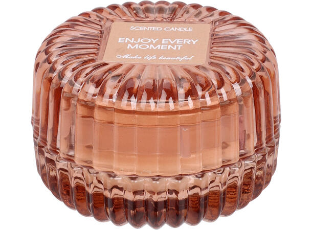 Duftlys stripe glass m/lokk 8x5,5cm 3ass Forpk:12stk Vekt:250g Bomull,lavend,rose 