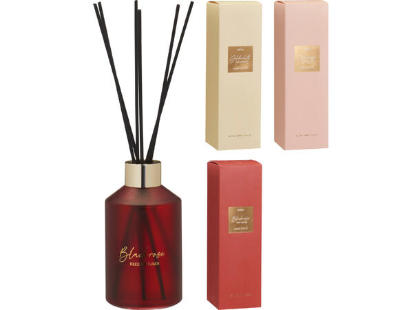 Duftolje glass 200ml m/pinner 6,3x11,5cX Forpk 12stk,3ass:Rose,Peony,Golden Birth 