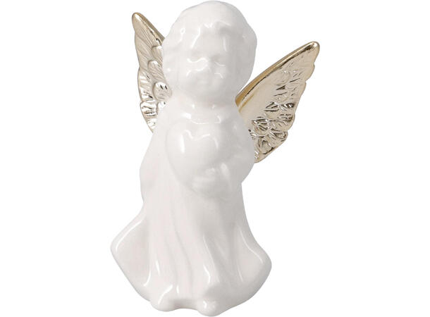 Engel hvit m/gull porselen h:10cm 4ass Forpk 12stk Vekt 80gr 